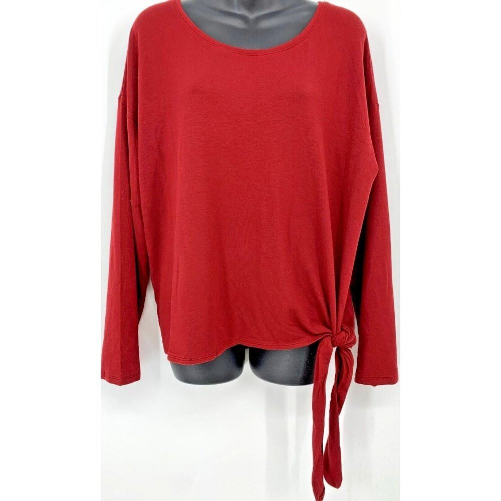 A New Day Top Plus Size 1X Burgundy Long Sleeve Side Tie Holiday Solid Women New